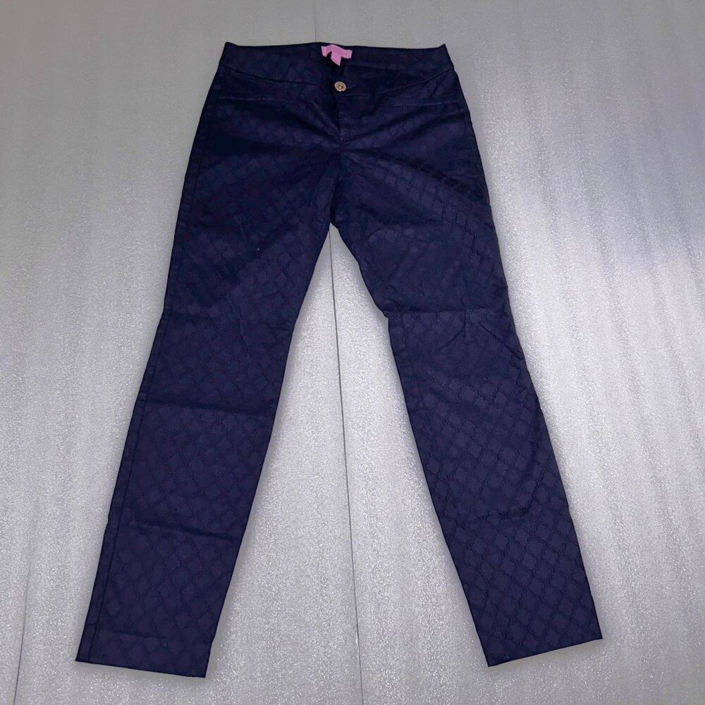Lilly Pulitzer Kelly Textured Ankle Skinny Pants Womens Size 0 Zip Fly Navy Blue